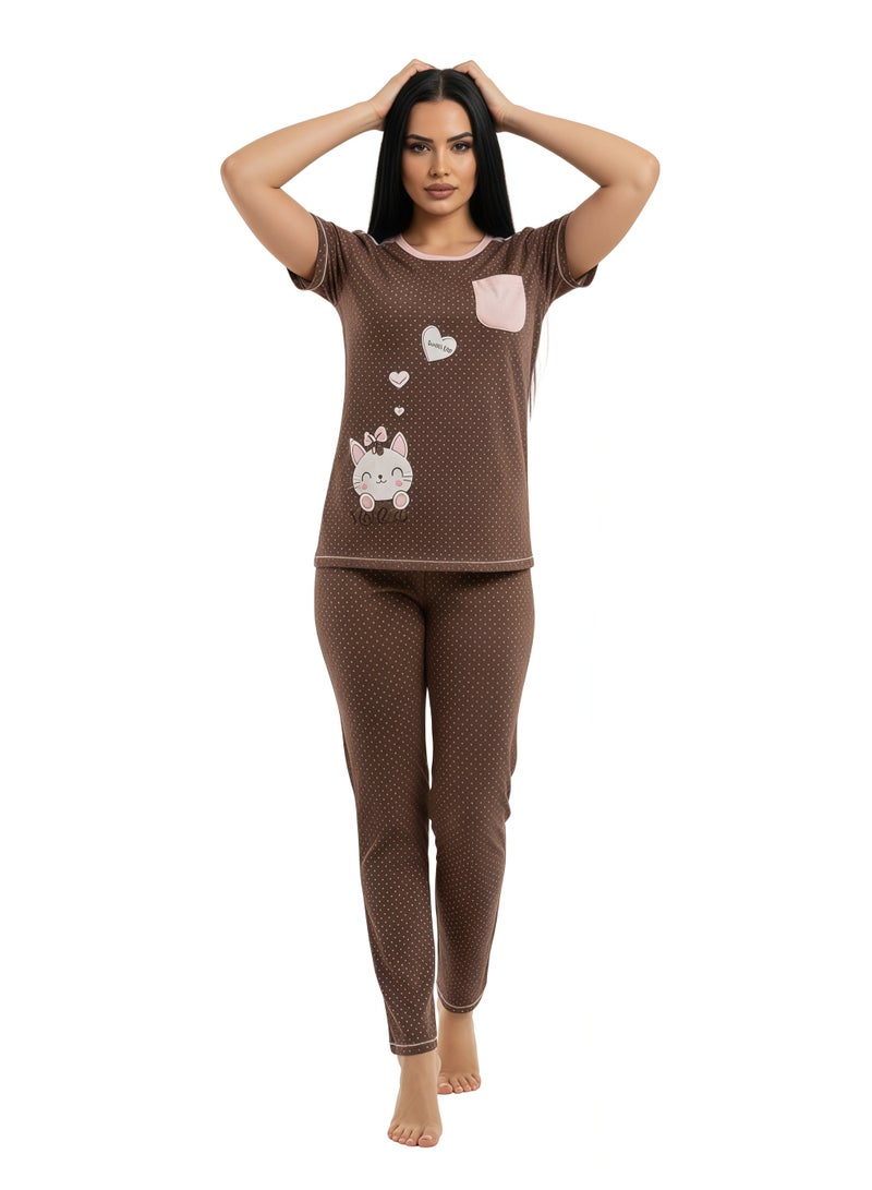 JOANNA Women's Good Life Print With Pocket Short Sleeve Shirt & Long Pants Pajama Set, Brown - Image 3