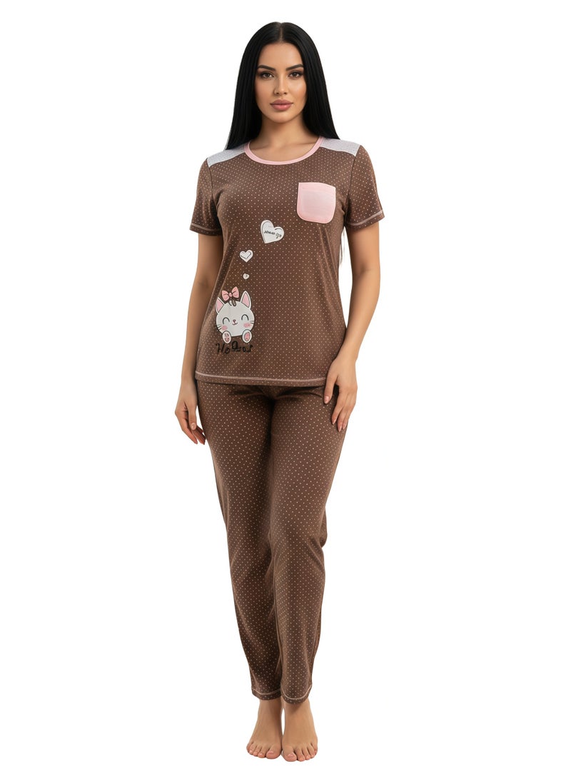 JOANNA Women's Good Life Print With Pocket Short Sleeve Shirt & Long Pants Pajama Set, Brown - Image 1