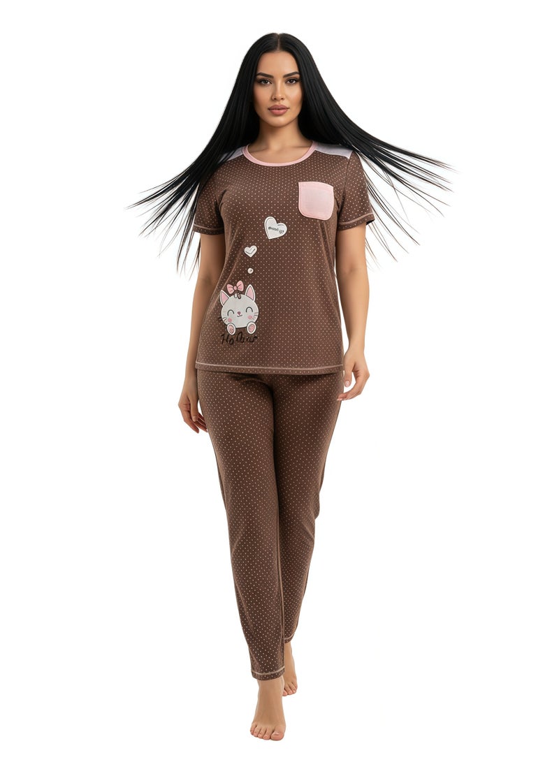 JOANNA Women's Good Life Print With Pocket Short Sleeve Shirt & Long Pants Pajama Set, Brown - Image 2