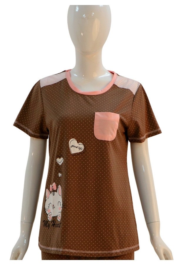 JOANNA JOANNA Women's Good Life Print With Pocket Short Sleeve Shirt & Long Pants Pajama Set, Brown  - Image 2