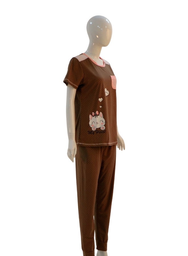 JOANNA JOANNA Women's Good Life Print With Pocket Short Sleeve Shirt & Long Pants Pajama Set, Brown  - Image 4