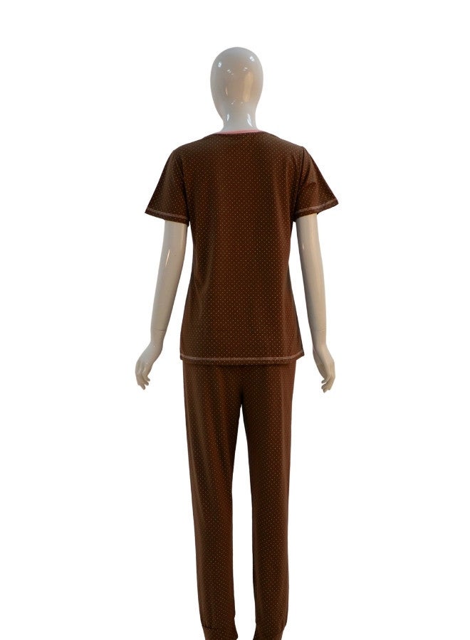 JOANNA JOANNA Women's Good Life Print With Pocket Short Sleeve Shirt & Long Pants Pajama Set, Brown  - Image 5