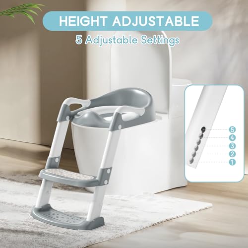 COOSEYA Potty Training Toilet with Step Stool Ladder, Toddler Kids Potty Training Seat for Boys Girls, Foldable Anti-Slip Toilet Toddler Seat Splash Guard Soft Cushion Safety Handles (Grey) - Image 5