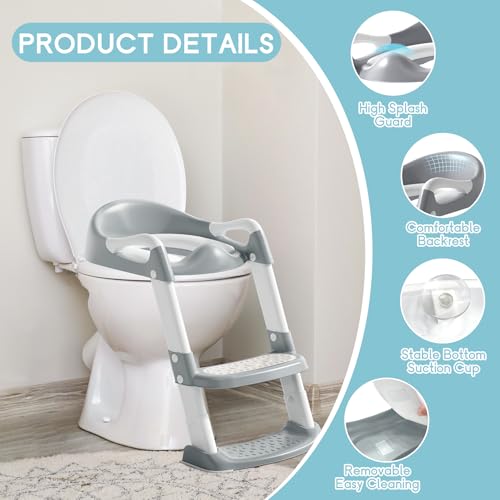 COOSEYA Potty Training Toilet with Step Stool Ladder, Toddler Kids Potty Training Seat for Boys Girls, Foldable Anti-Slip Toilet Toddler Seat Splash Guard Soft Cushion Safety Handles (Grey) - Image 2
