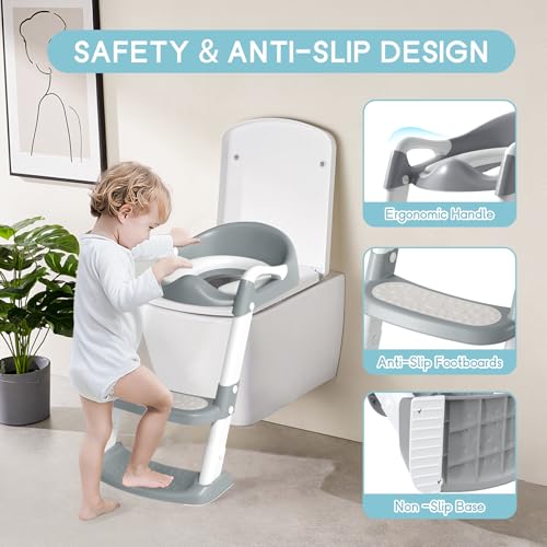 COOSEYA Potty Training Toilet with Step Stool Ladder, Toddler Kids Potty Training Seat for Boys Girls, Foldable Anti-Slip Toilet Toddler Seat Splash Guard Soft Cushion Safety Handles (Grey) - Image 3
