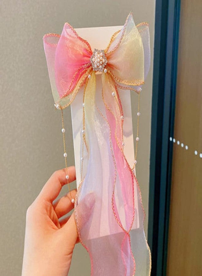 Ulfanit 2pcs Mermaid Unicorn Party Gifts for Girls, Iridescent Bow Clip Princess Hairpin with Ribbon Tassels, Long Tail Pink Blue Cosplay Birthday Hair Accessories - Image 4