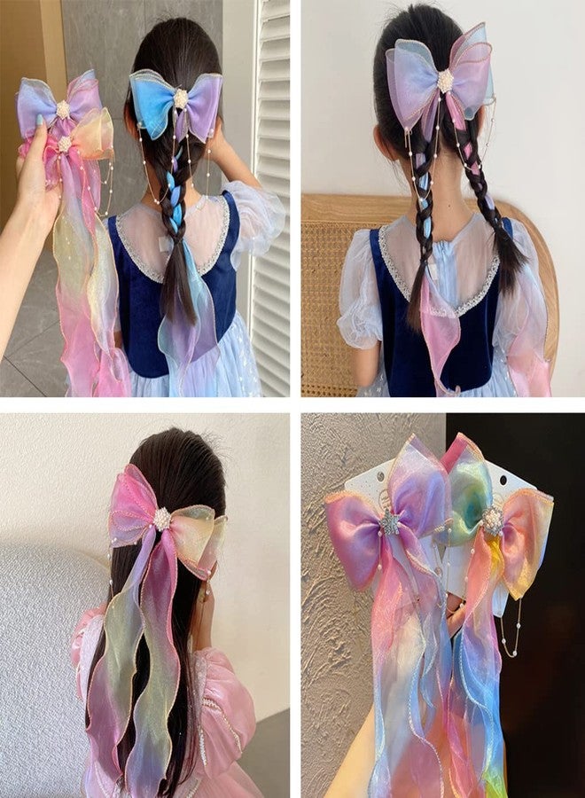 Ulfanit 2pcs Mermaid Unicorn Party Gifts for Girls, Iridescent Bow Clip Princess Hairpin with Ribbon Tassels, Long Tail Pink Blue Cosplay Birthday Hair Accessories - Image 2