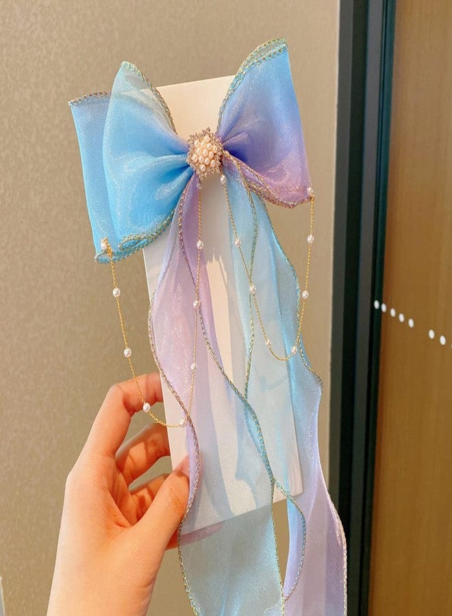 Ulfanit 2pcs Mermaid Unicorn Party Gifts for Girls, Iridescent Bow Clip Princess Hairpin with Ribbon Tassels, Long Tail Pink Blue Cosplay Birthday Hair Accessories - Image 5