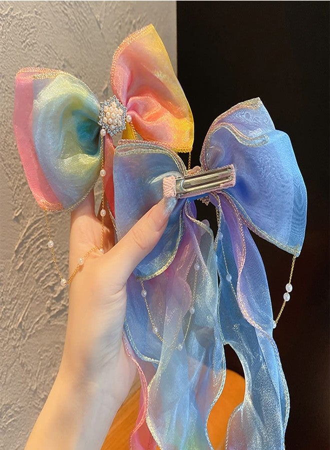 Ulfanit 2pcs Mermaid Unicorn Party Gifts for Girls, Iridescent Bow Clip Princess Hairpin with Ribbon Tassels, Long Tail Pink Blue Cosplay Birthday Hair Accessories - Image 3