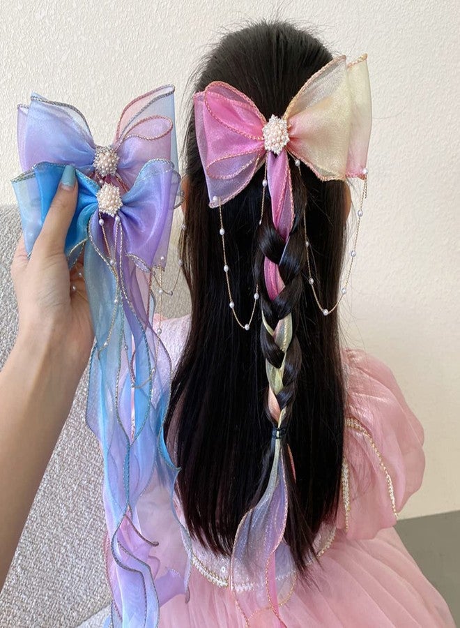 Ulfanit 2pcs Mermaid Unicorn Party Gifts for Girls, Iridescent Bow Clip Princess Hairpin with Ribbon Tassels, Long Tail Pink Blue Cosplay Birthday Hair Accessories - Image 1