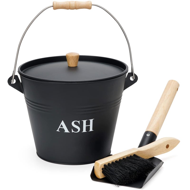 INNO STAGE Mini Ash Bucket with Lid, Shovel and Broom, 1.5 Gallon Fireplace Metal Bucket with Lid, Charcoal Bucket and Ash Can for Fireplace, Fire Pits, Hearth, Wood Burning Stoves, Indoor and Outdoor - Image 1