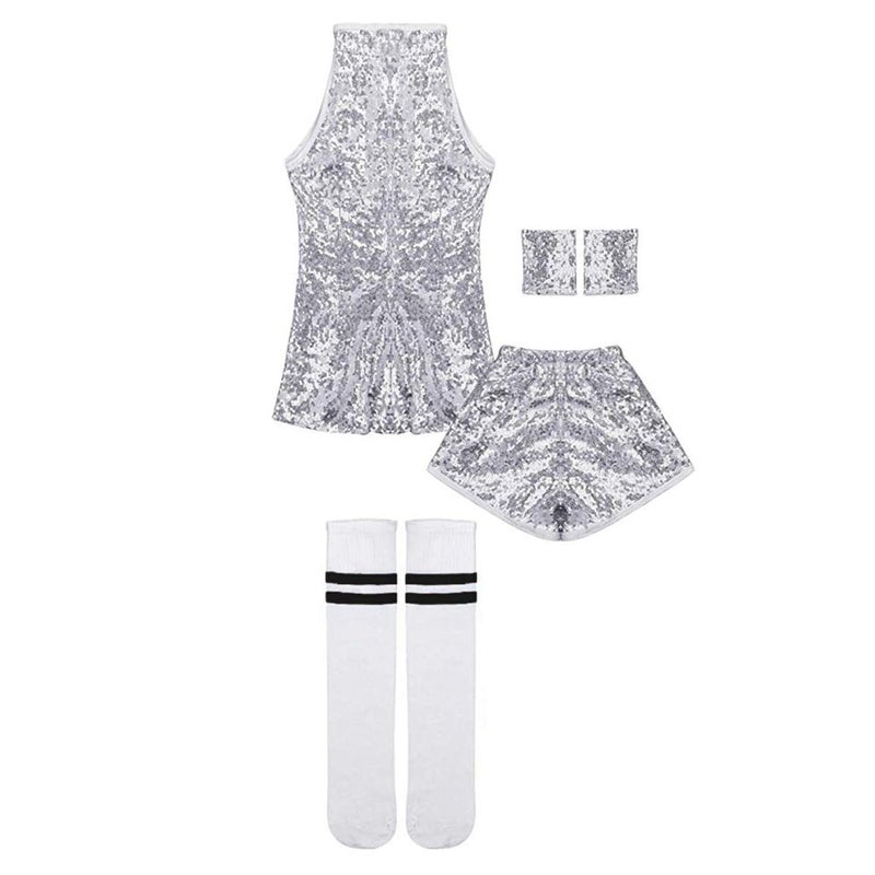 LOLANTA Girls Sequins Dance Dress Sparkle Hip Hop Jazz Dance Outfits Sleeveless Top and Shorts (Silver, 8-9Years) - Image 5