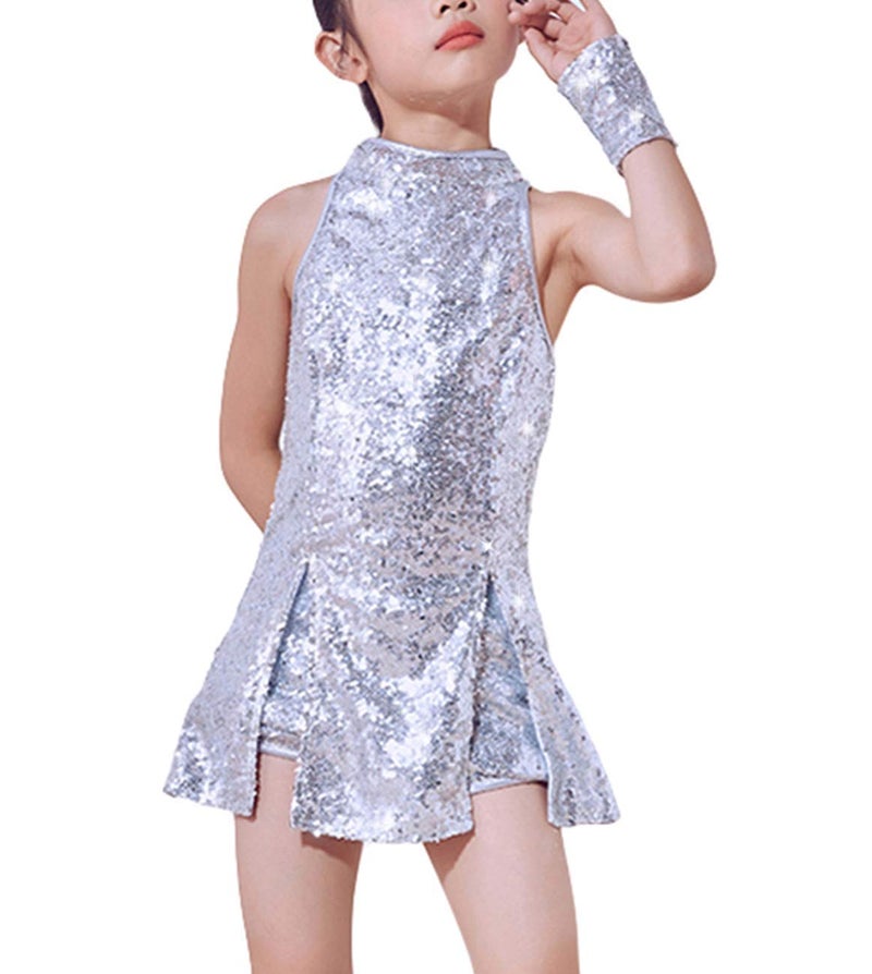 LOLANTA Girls Sequins Dance Dress Sparkle Hip Hop Jazz Dance Outfits Sleeveless Top and Shorts (Silver, 8-9Years) - Image 1