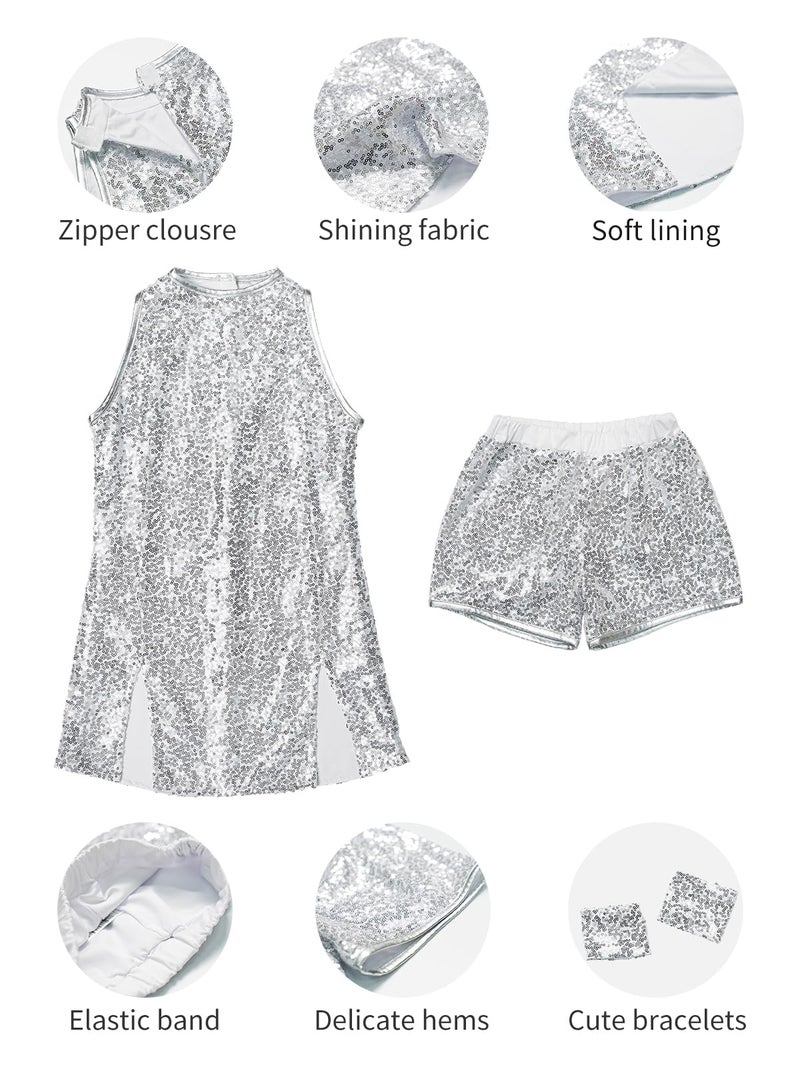 LOLANTA Girls Sequins Dance Dress Sparkle Hip Hop Jazz Dance Outfits Sleeveless Top and Shorts (Silver, 8-9Years) - Image 4