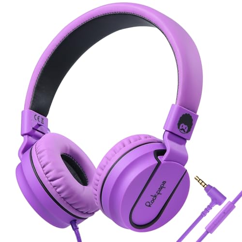 rockpapa 950 Wired Headphones for Kids Girls Boys for School Classroom with Microphone, On-Ear Foldable Corded Headphones with Jack 3.5mm for Laptop Computer Tablet Chromebooks Black Purple - Image 1