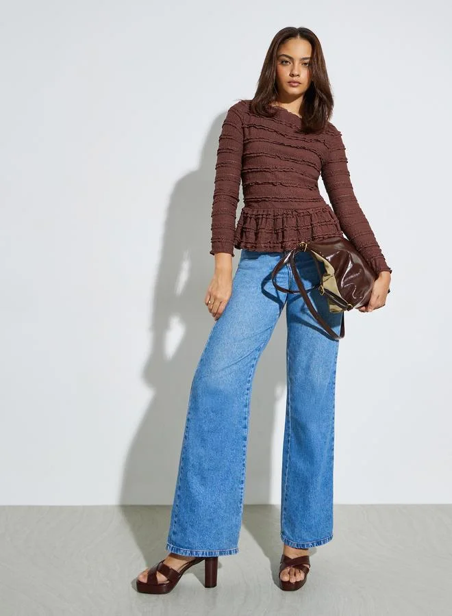 Styli Textured Boat Neck Peplum Top