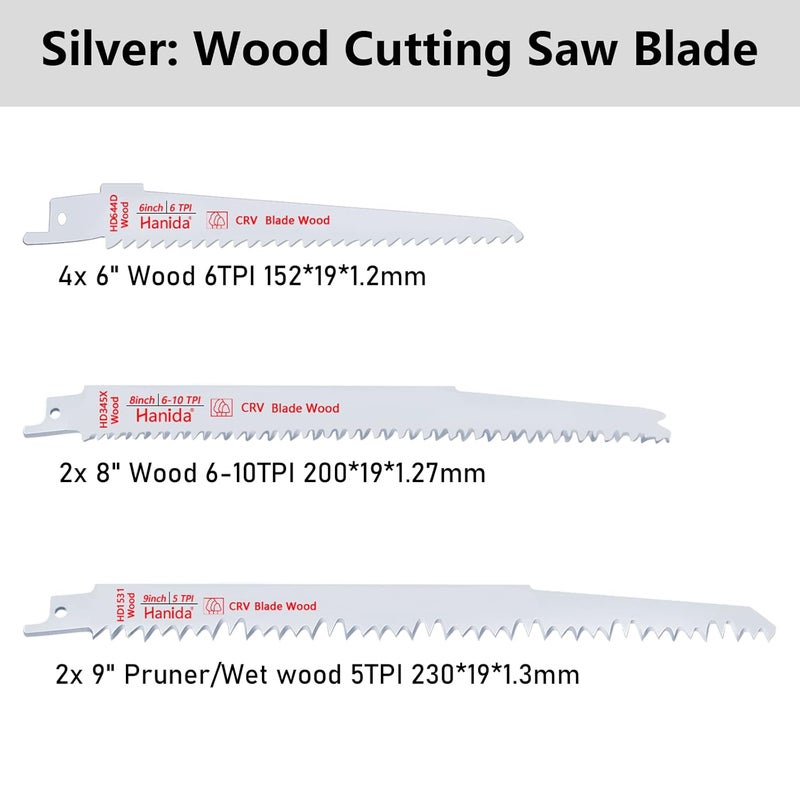 Hanida 12 Pack Reciprocating Saw Blades Metal, Wood Pruning Saw Blades for Reciprocating/Sawzall Saws, BI-M42 Sawzall Blades for Metal & Wood Cutting, 9 Inch, 8 Inch, 6 Inch Pruner Saw Blades Set - Image 4