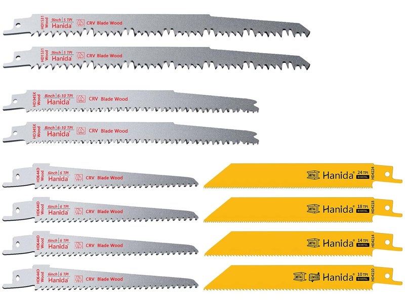 Hanida 12 Pack Reciprocating Saw Blades Metal, Wood Pruning Saw Blades for Reciprocating/Sawzall Saws, BI-M42 Sawzall Blades for Metal & Wood Cutting, 9 Inch, 8 Inch, 6 Inch Pruner Saw Blades Set - Image 1