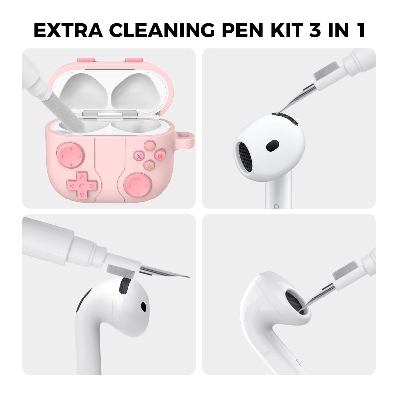 AhaStyle AirPods 4 Case Cover with Cleaning Kit Retro Handheld Game Console Design for AirPods 4th Generation Case Soft Silicone Protective Cover Skin for Apple AirPods 4 2024 Charging Case (Pink) - Image 4