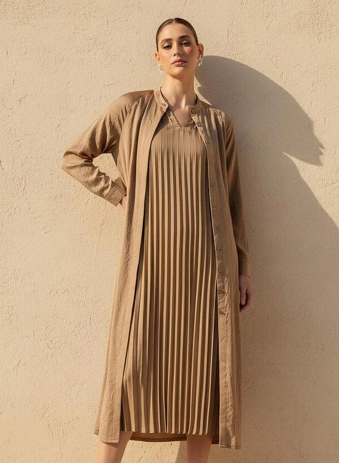 ايكونيك Iconic Pleated A line Women Dress with Longline Shrug