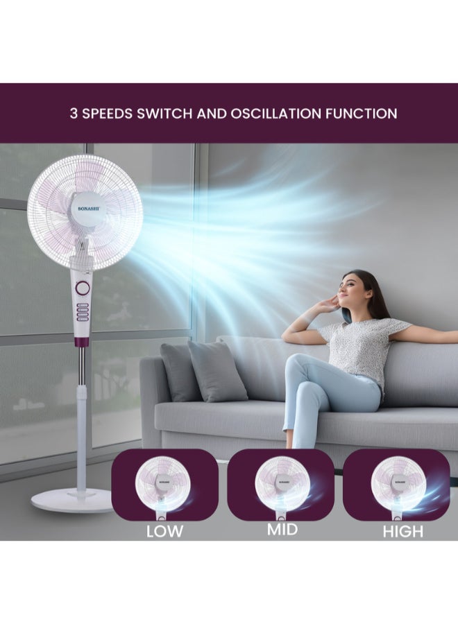 SONASHI 16 Inch Stand Fan With 3 Speeds | Low Noise Motor With Oscillation Function | Height Adjustable Design With 5 Transparent Blades SF-8026S White/Purple - Image 3
