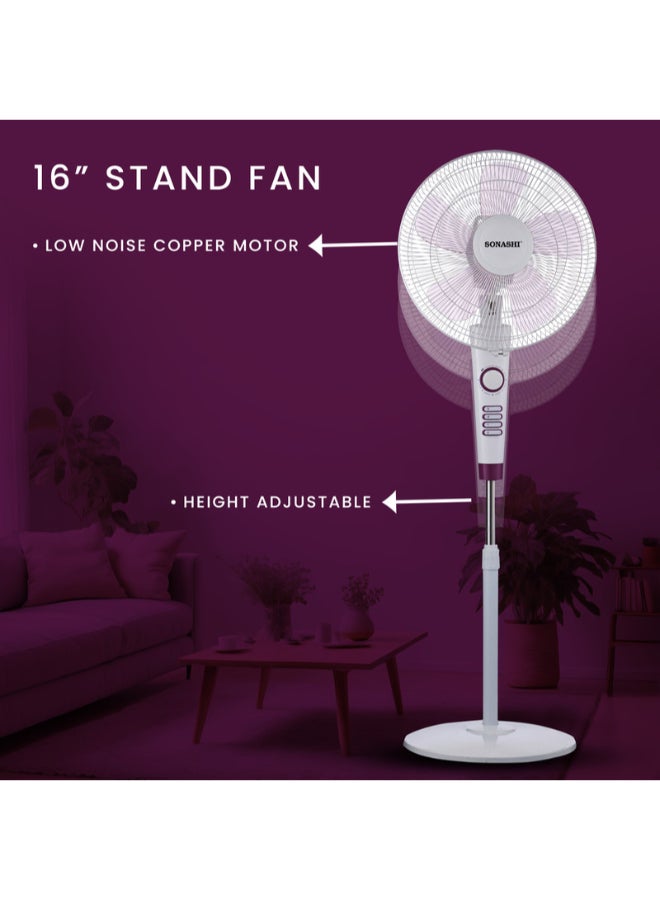 SONASHI 16 Inch Stand Fan With 3 Speeds | Low Noise Motor With Oscillation Function | Height Adjustable Design With 5 Transparent Blades SF-8026S White/Purple - Image 5