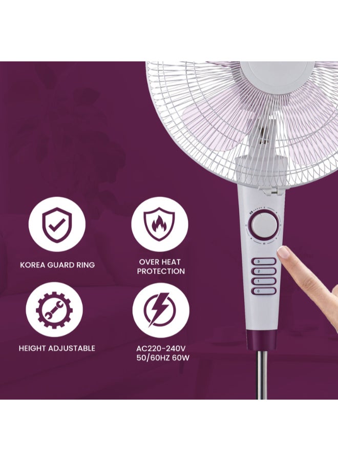 SONASHI 16 Inch Stand Fan With 3 Speeds | Low Noise Motor With Oscillation Function | Height Adjustable Design With 5 Transparent Blades SF-8026S White/Purple - Image 4