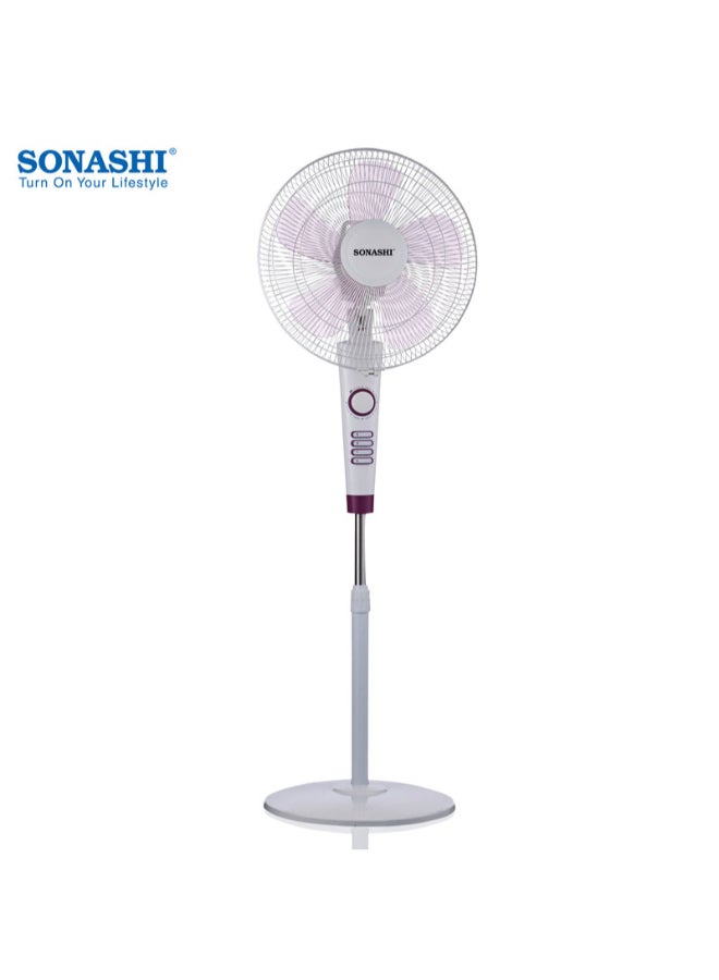 SONASHI 16 Inch Stand Fan With 3 Speeds | Low Noise Motor With Oscillation Function | Height Adjustable Design With 5 Transparent Blades SF-8026S White/Purple - Image 2