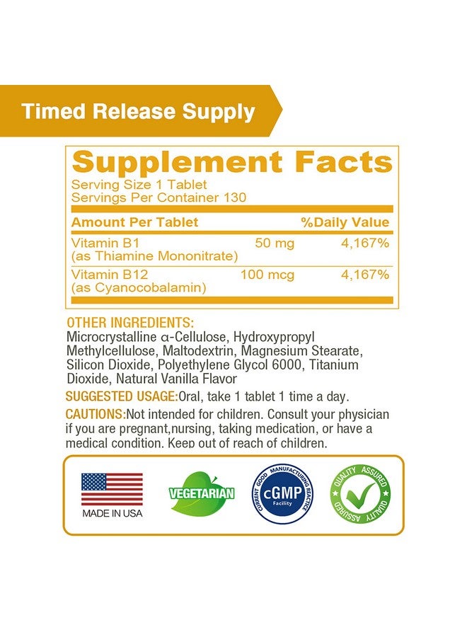 Lovita Vitamin B1 (Thiamine) 50mg, Timed Release, 8 Hours Sustained, with Vitamin B12 100mcg, Support Metabolism & Nerve Health, 130 Vegan Tablet - Image 5
