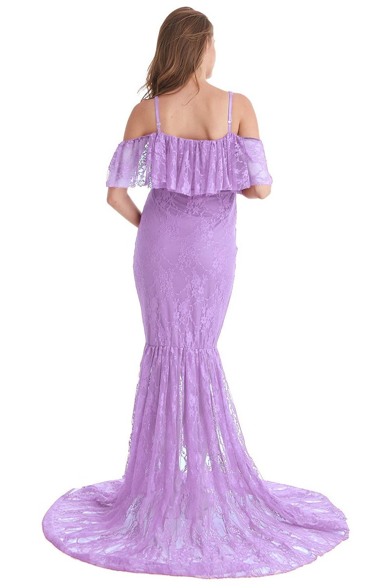 HIHCBF Women Lace Maternity Mermaid Gown Off Shoulder Ruffle Spaghetti Straps Fitted Photo Shoot Wedding Baby Shower Dress Lavender XL - Image 4