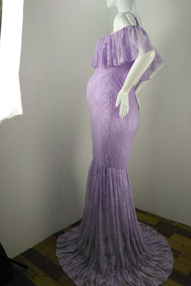 HIHCBF Women Lace Maternity Mermaid Gown Off Shoulder Ruffle Spaghetti Straps Fitted Photo Shoot Wedding Baby Shower Dress Lavender XL - Image 5