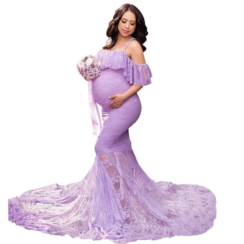HIHCBF Women Lace Maternity Mermaid Gown Off Shoulder Ruffle Spaghetti Straps Fitted Photo Shoot Wedding Baby Shower Dress Lavender XL - Image 1