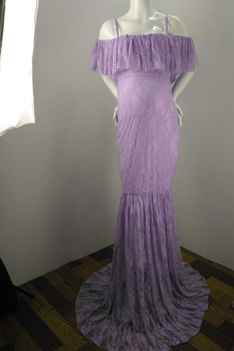 HIHCBF Women Lace Maternity Mermaid Gown Off Shoulder Ruffle Spaghetti Straps Fitted Photo Shoot Wedding Baby Shower Dress Lavender XL - Image 3