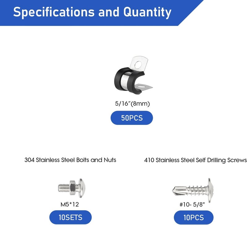 Nicalas 80pcs 5/16 Inch Stainless Steel Cable Clamps And Stainless Screws,Rubber Coated Cushioned Insulated Cable Clamp,Automotive Cable Wire Clamps,Pipe Clamps - Image 2