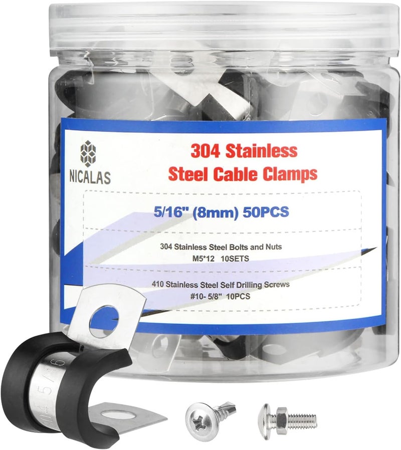 Nicalas 80pcs 5/16 Inch Stainless Steel Cable Clamps And Stainless Screws,Rubber Coated Cushioned Insulated Cable Clamp,Automotive Cable Wire Clamps,Pipe Clamps - Image 1