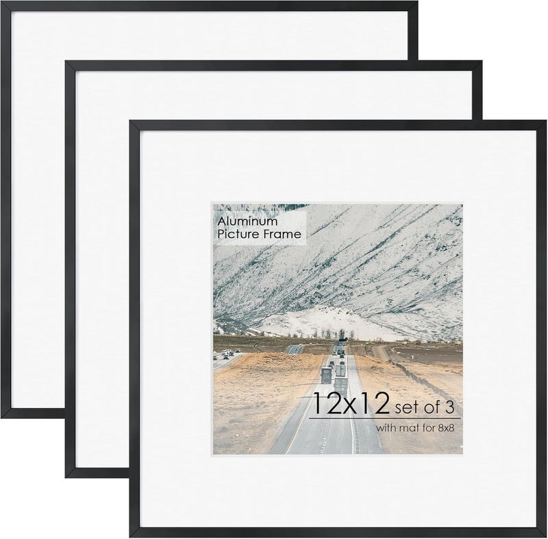 FLYJOE 12x12 Frame - Metal Square Picture Frame With Plexiglass 12x12 Frame With Mat for 8x8 Minimalist Modern Poster Frame Hanging Hardware Included (Black, 3Pcs) - Image 1