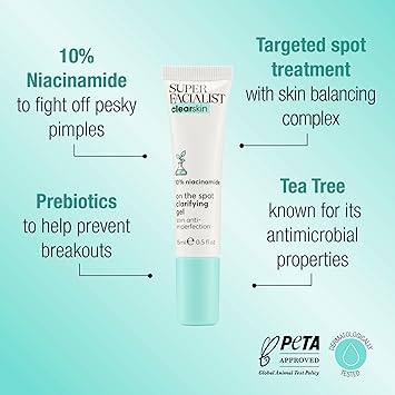 Super Facialist On The Spot Clarifying Gel Spot Treatment for Acne with 10 Niacinamide Tea Tree Oil Prebiotics Vegan Friendly 15ml - Image 2