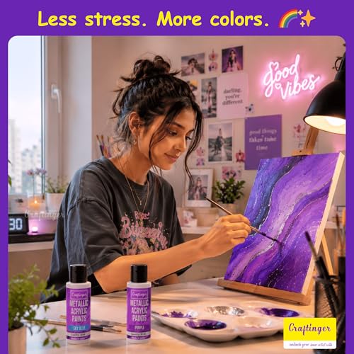 Craftinger 12-Sets Vibrant Metallic Acrylic Shades (30 ml Each) | Rich Shiny Finish | Multi-Surface color for Canvas, Wood, Glass, Metal, Plastic & More | Set for Adults for Artists, students, Children & Hobbyists - Image 2