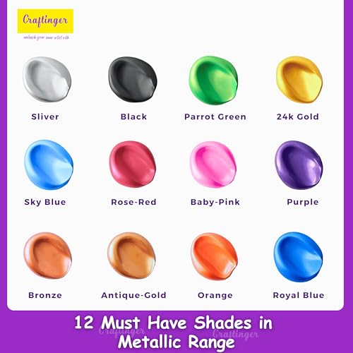 Craftinger 12-Sets Vibrant Metallic Acrylic Shades (30 ml Each) | Rich Shiny Finish | Multi-Surface color for Canvas, Wood, Glass, Metal, Plastic & More | Set for Adults for Artists, students, Children & Hobbyists - Image 4