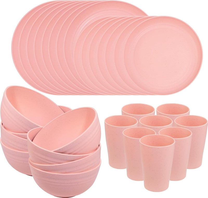 Supernal Pink Wheat Straw Dinnerware SetsUnbreakable Dishes for 8 Plate and Bowls Sets Reusable Plates Microwave Dishwasher Safe PlatesPlastic Dinnerware Set Pink Plastic Tableware - Image 1