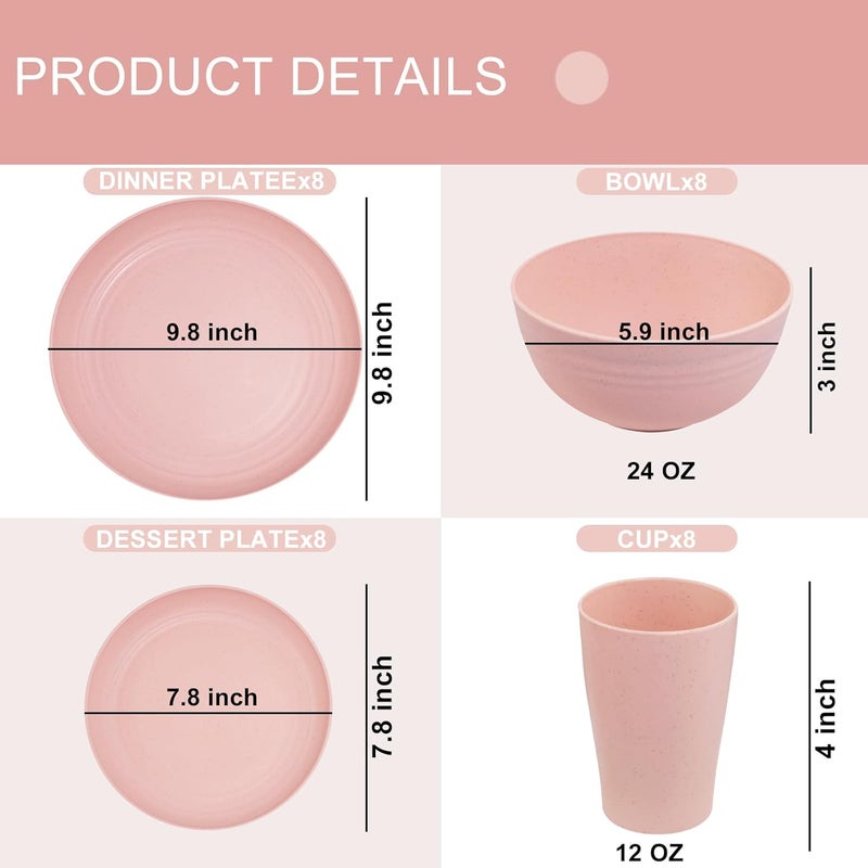 Supernal Pink Wheat Straw Dinnerware SetsUnbreakable Dishes for 8 Plate and Bowls Sets Reusable Plates Microwave Dishwasher Safe PlatesPlastic Dinnerware Set Pink Plastic Tableware - Image 2