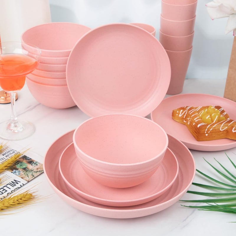 Supernal Pink Wheat Straw Dinnerware SetsUnbreakable Dishes for 8 Plate and Bowls Sets Reusable Plates Microwave Dishwasher Safe PlatesPlastic Dinnerware Set Pink Plastic Tableware - Image 5