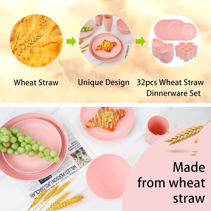 Supernal Pink Wheat Straw Dinnerware SetsUnbreakable Dishes for 8 Plate and Bowls Sets Reusable Plates Microwave Dishwasher Safe PlatesPlastic Dinnerware Set Pink Plastic Tableware - Image 4