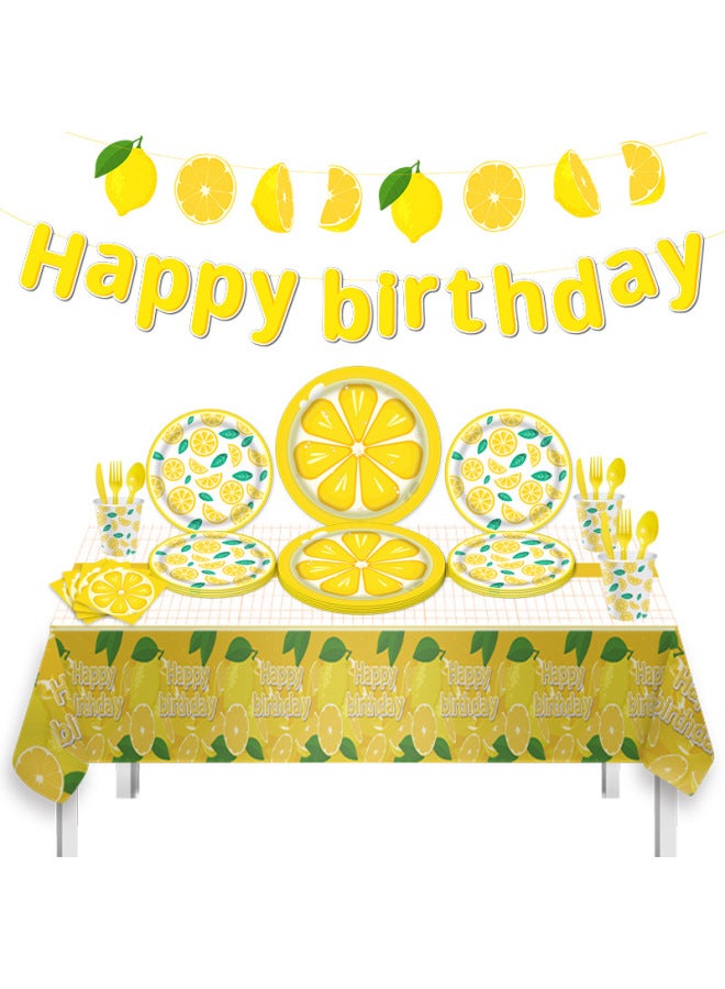 Children's Summer Party Birthday Tableware Lemon Fruit Dinner Plate Pull Flag Disposable Tablecloth Paper Cup Paper Plate Paper Towel-Color:Paper Towel-Specifications:16 People.  - Image 2