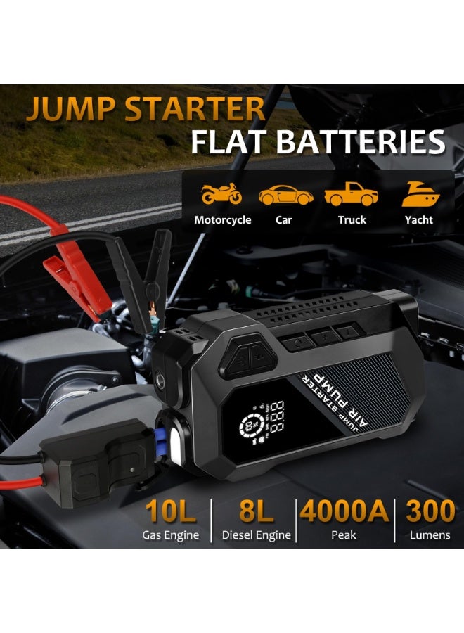 Generic Jump Starter with Air Compressor, 4000A Jump Starter Battery Pack with Tire Inflator, 12V Portable Car Battery Starter with LED Light&Quick-Charge, for 10.0L Gas and 8.0L Diesel Engines  - Image 2