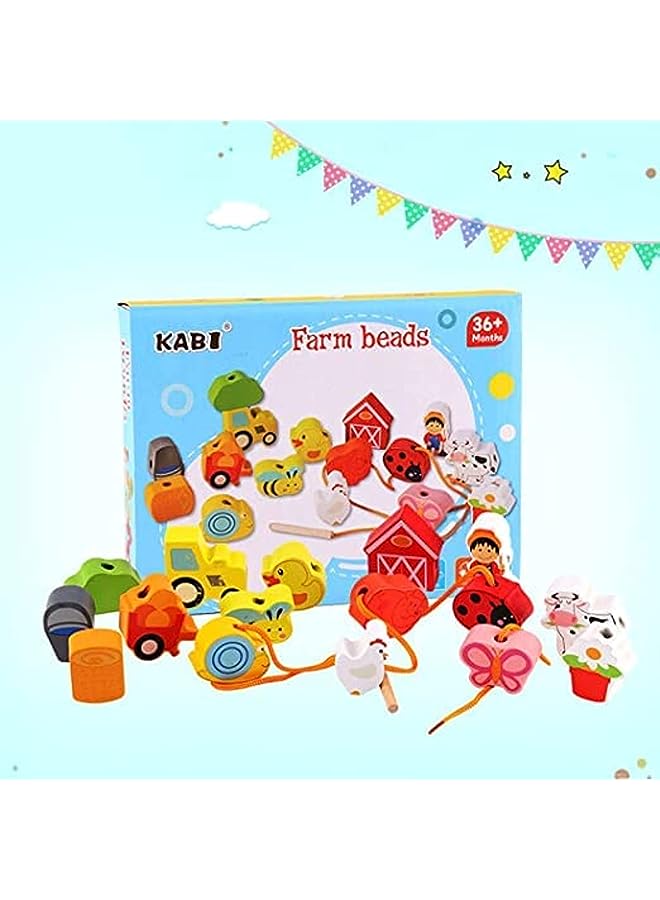 IAF Farm Toy Wooden Block Set, Early Educational Toys String & Lacing Beads Games for Toddlers Kids Farm Animal Learning Play Set (16 Pieces) - Image 1