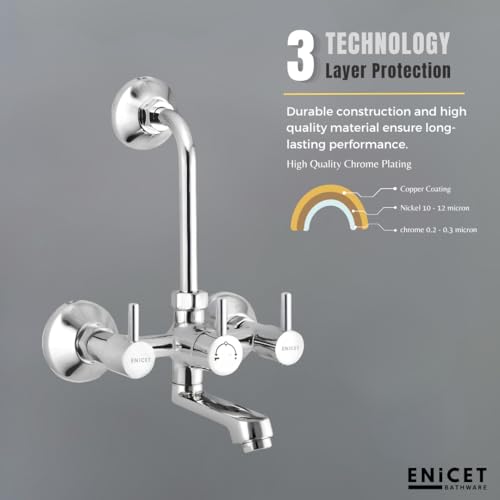 ENICET Brass Wall Mixer with 190mm Long Bend Pipe, Chrome Finish, Provision for Overhead Shower, Wall Mixer for Bathroom, Water Mixer Tap for Bathroom Full Set (FE121) - Image 2
