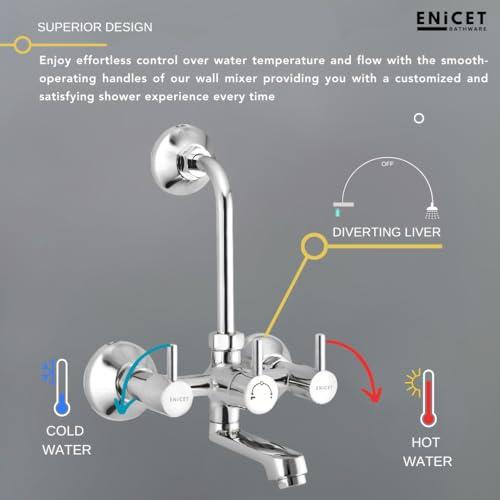 ENICET Brass Wall Mixer with 190mm Long Bend Pipe, Chrome Finish, Provision for Overhead Shower, Wall Mixer for Bathroom, Water Mixer Tap for Bathroom Full Set (FE121) - Image 3