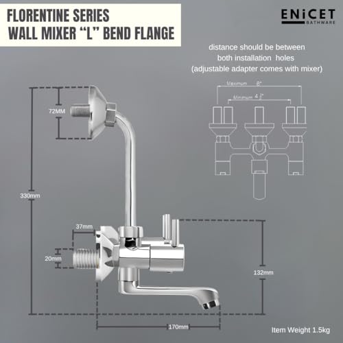 ENICET Brass Wall Mixer with 190mm Long Bend Pipe, Chrome Finish, Provision for Overhead Shower, Wall Mixer for Bathroom, Water Mixer Tap for Bathroom Full Set (FE121) - Image 4