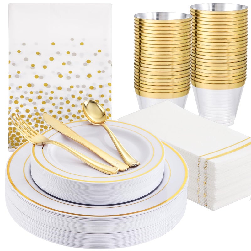 GATHER 176 Pieces Gold Dinnerware Disposable  White and Gold Plastic Plates Includes 50 Plates 25 Plastic Silverware 25 Napkins 25 Cups and 1 Tablecloth for Wedding Party